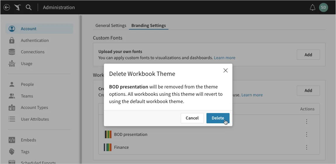 Confirmation modal for the Delete Workbook Theme modal, indicating that the theme will be removed from the theme options and all workbooks using this theme will revert to using the default workbook theme.