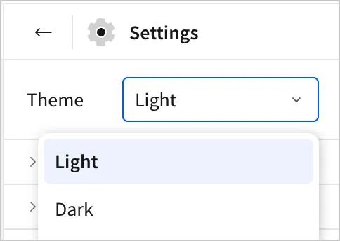 A dropdown menu for selecting theme. Options read "Light" and "Dark."
