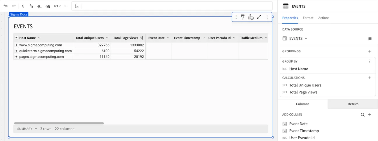 A table named EVENTS grouped by Host Name and collapsed to show 3 summarized hosts, with Total Unique Users and Total Page Views totals for each, and the editor panel displaying both calculations under the Host Name grouping.