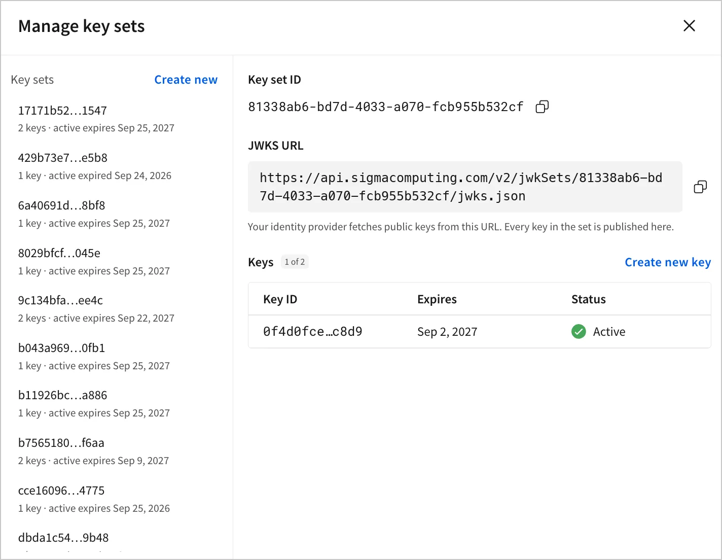 The Manage key sets modal, with a list of key sets and the selected key set's ID, JWKS URL, and keys table.