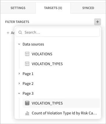The target selection drop-down with a search box, listing the VIOLATIONS and VIOLATION_TYPES data sources and expandable pages, with the VIOLATION_TYPES table on Page 3 highlighted.
