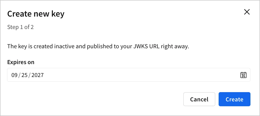 The Create new key modal, with an Expires on date field set to 09/25/2027 and Cancel and Create buttons.