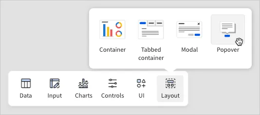 The Add element bar with Layout selected, showing Container, Tabbed container, Modal, and Popover options.