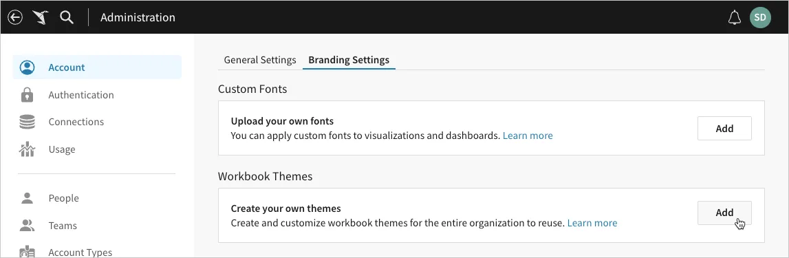 Image of a cursor hovering over the Add button in the Create your own themes section of the Workbook Themes section of the Branding Settings tab.