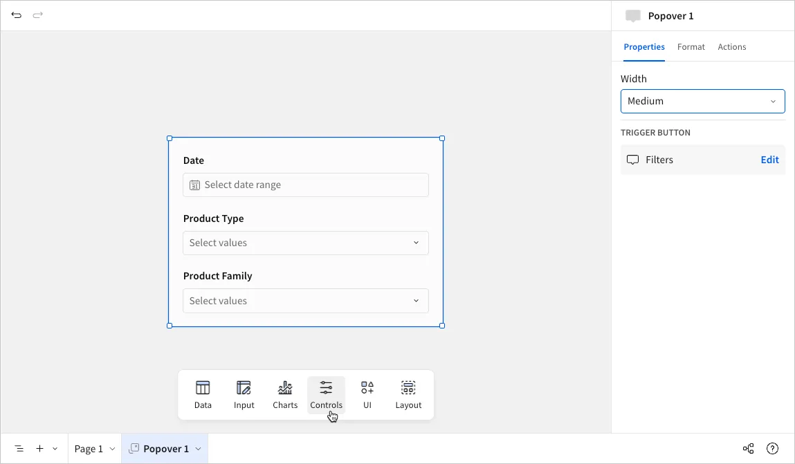 The popover configuration page with a container of date and dropdown controls, and the cursor hovering over the Controls option in the Add element bar.