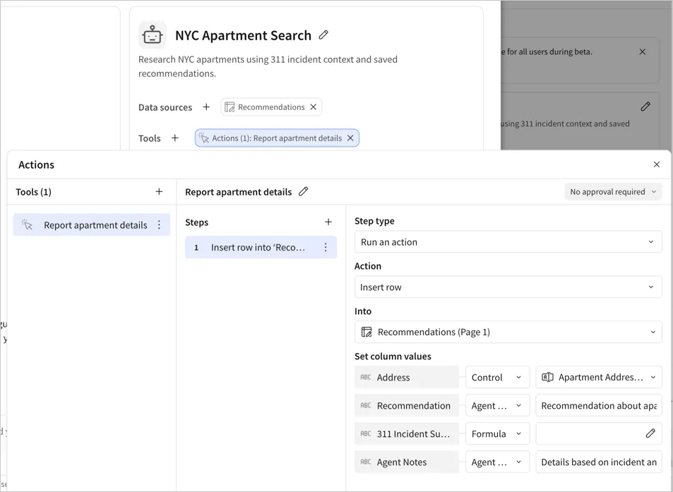 The Report apartment details action tool with an Insert row step into the Recommendations table, showing the Address column set to Control and the Recommendation and Agent Notes columns set to Agent input with guidance text.
