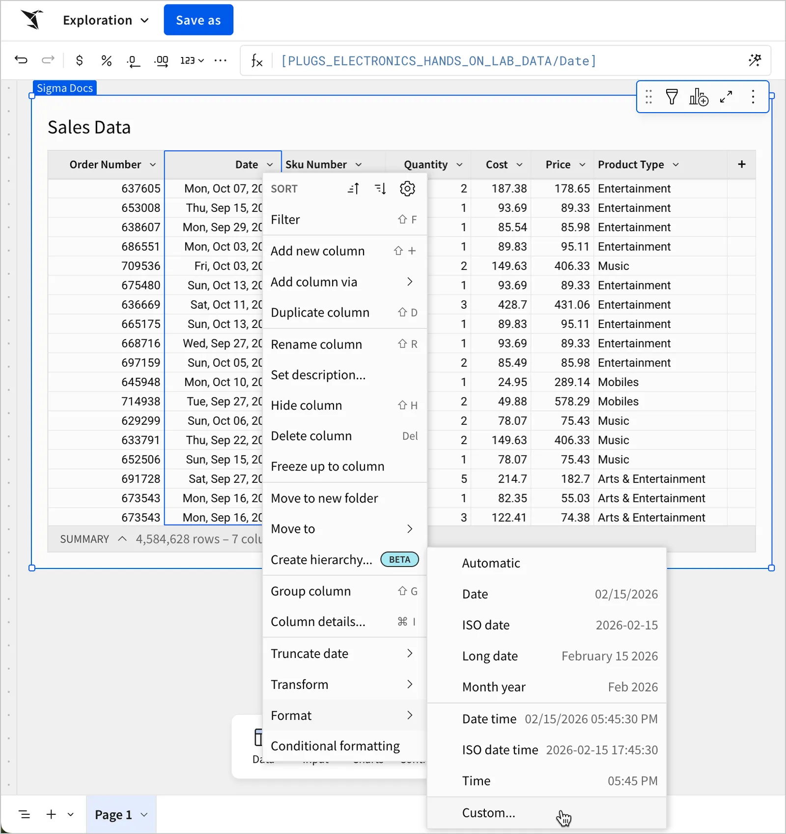 The column menu with the mouse hovering over the Format > Custom option.