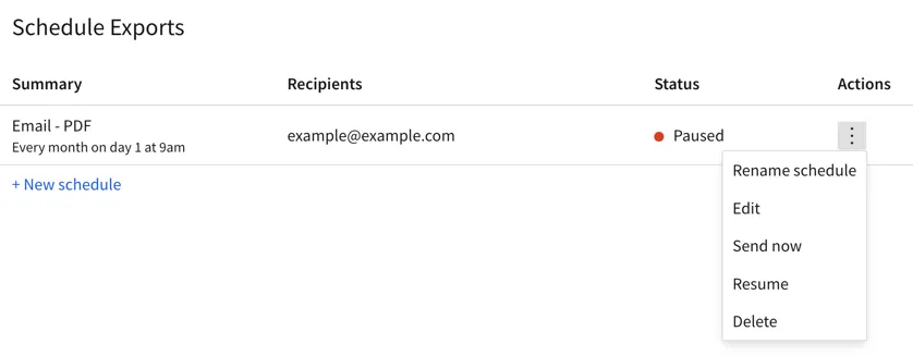 The Schedule Exports dialog showing a Paused export with its More menu open and the Resume option available.