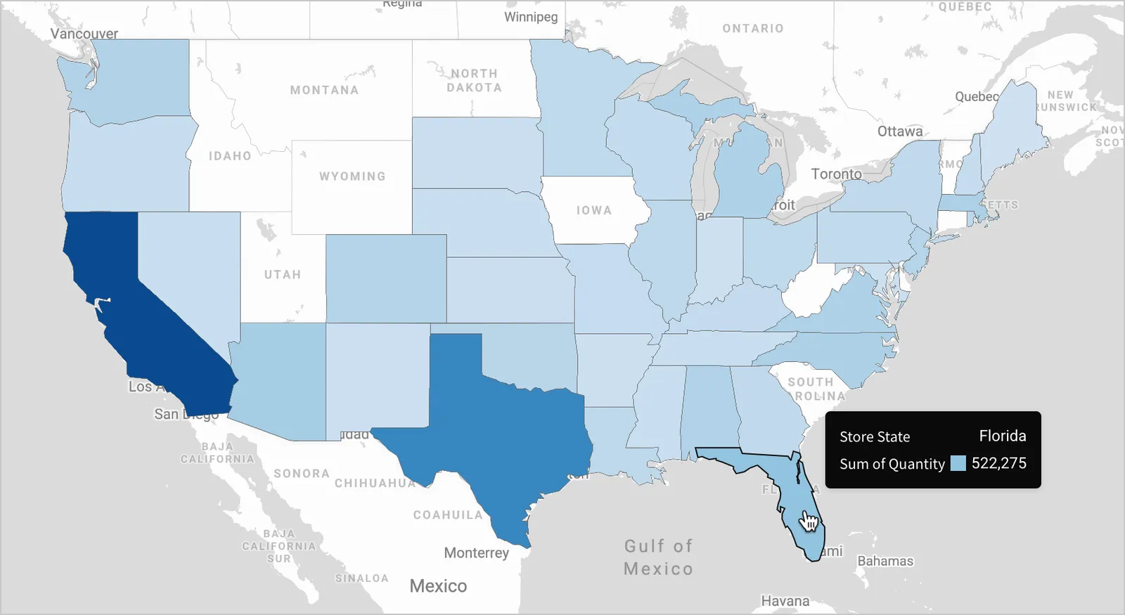 An example of a region map shows color-coded sales quantities for a store by US state. An on-hover tooltip shows a little over 500,000 sales in Florida.