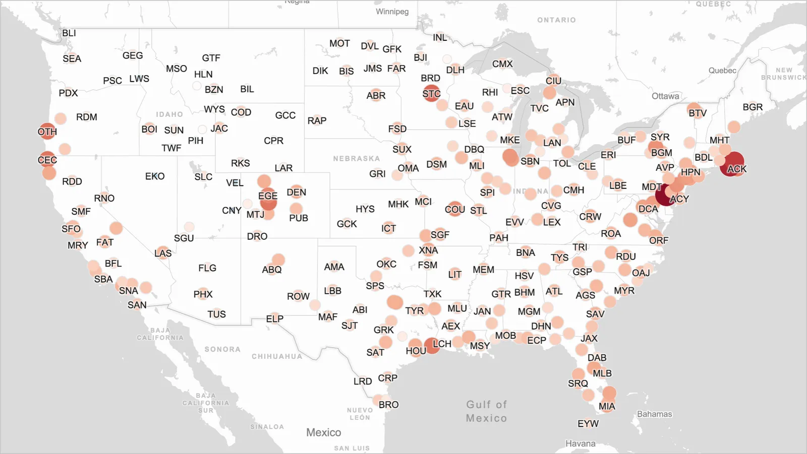 An example of a point map shows the location of several US airports. Points appear larger and redder based on how delayed flights are in leaving each airport.