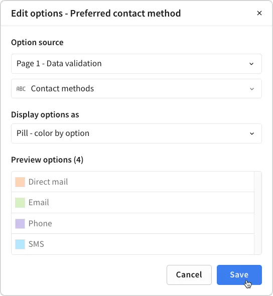 Image showing a popover containing the options configuration for a single-select or multi-select column with a data element as the option source.