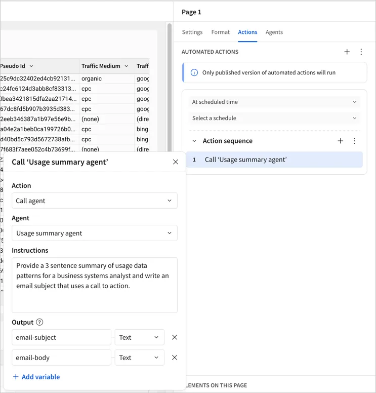 The Call Usage summary agent action with instructions requesting a 3 sentence summary and an email subject, and email-subject and email-body Text output variables.