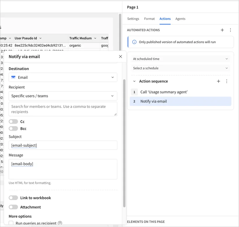 The Notify via email step as the second action in the sequence, with the Subject set to [email-subject] and the Message set to [email-body].