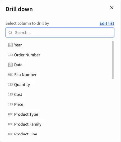 Drill down modal with the edit list option hovered over, showing an underline to indicate that it can be clicked.