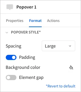The editor panel Format tab with the Popover style section expanded, showing Spacing, Padding, Background color, and Element gap settings.