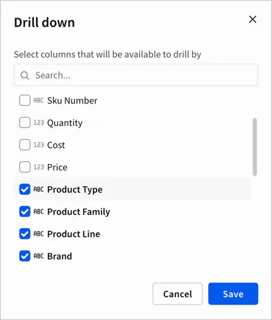 Edited list of columns for the chart, with columns like Quantity deselected while columns like Product type remain selected.