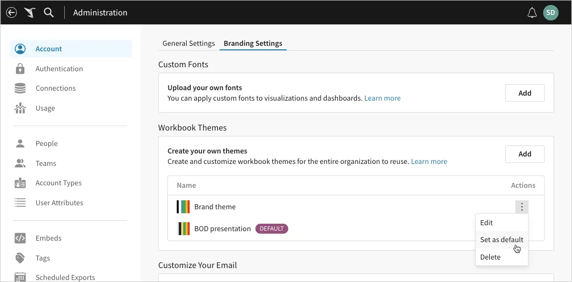 More menu open for a non-default theme, hovering over the option to Set as default.