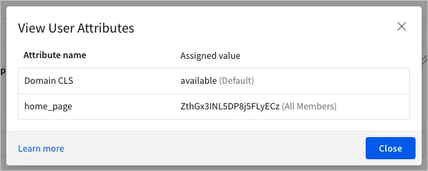 The View User Attributes dialog listing attribute names and assigned values, including Domain CLS set to available and home_page set to a token value.