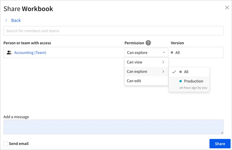 The Share Workbook modal with the Accounting team's Permission dropdown open and a version submenu showing All selected and a Production version tag option.