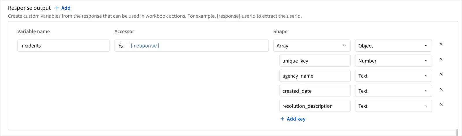 The configuration of a custom action variable shows the response treated as an array of objects, with four properties parsed from the object