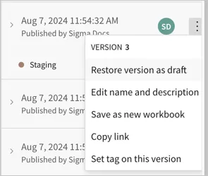 Version history with the More menu open on a published version, showing options including Restore version as draft.