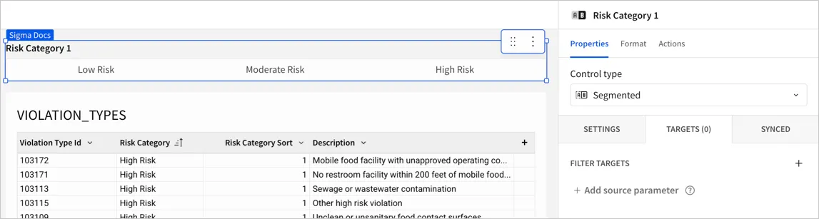 Element properties panel with the control selected, hovering over the Targets tab between Settings and Synced.