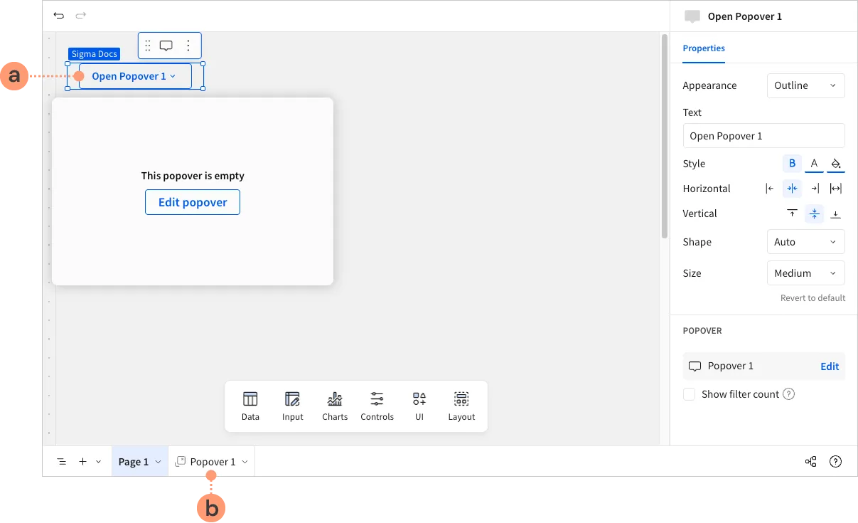 A workbook draft with callout a pointing to the Open Popover 1 trigger button on the workbook page, and callout b pointing to the Popover 1 configuration page tab in the workbook footer.