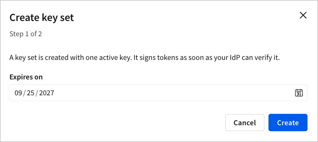 The Create key set modal, with an Expires on date field set to 09/25/2027 and Cancel and Create buttons.
