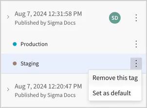 August 7 version of the document showing both Production and Staging tags, with the more menu open and showing options including Remove this tag.