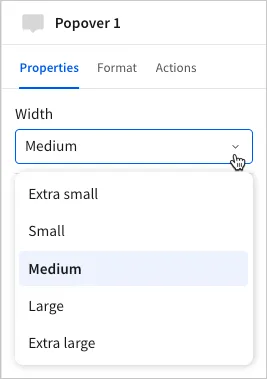The editor panel Properties tab with the Width dropdown open, showing Extra small, Small, Medium, Large, and Extra large options.