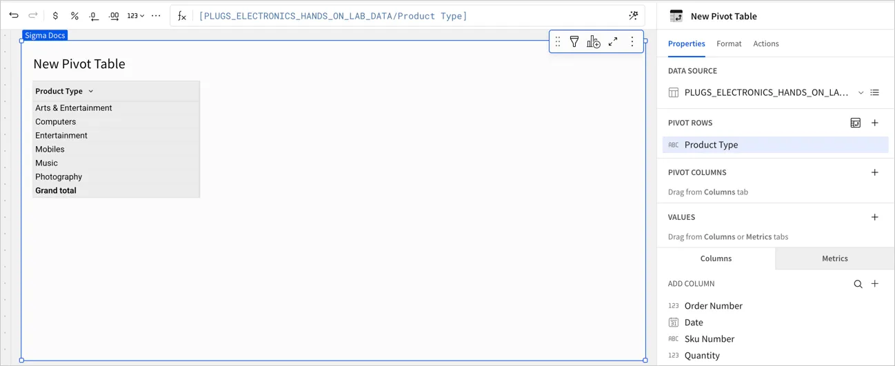 New pivot table with Product Type added as the only pivot row, listing each product type with a Grand total row, and Product Type shown under Pivot rows in the Properties tab.