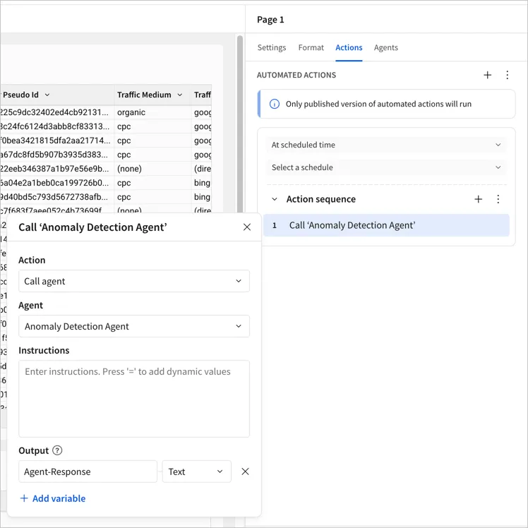 The workbook page Actions tab with an At scheduled time automated action, and a Call agent step set to Anomaly Detection Agent with empty Instructions and an Agent-Response text output.
