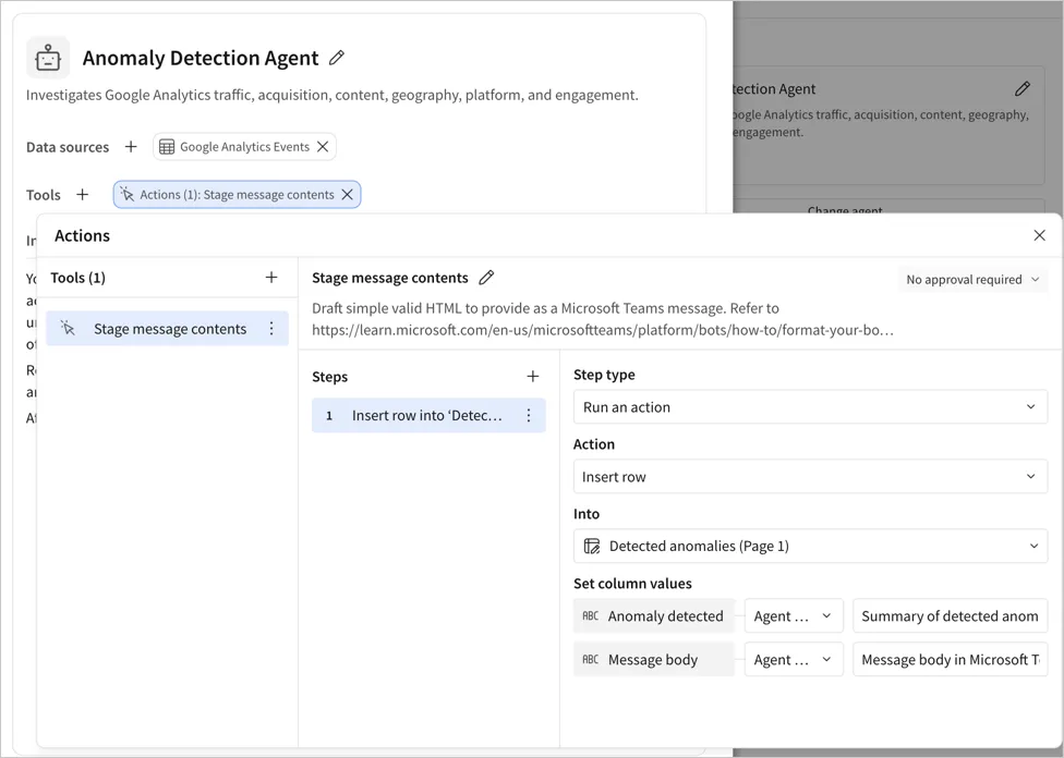 The Stage message contents action tool for the Anomaly Detection Agent, with an Insert row step into the Detected anomalies table and the Anomaly detected and Message body columns set to Agent input.