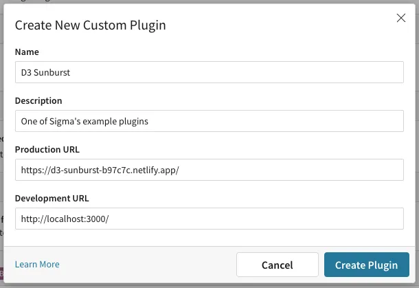The Create New Custom Plugin dialog with Name set to D3 Sunburst, Description set to One of Sigma's example plugins, and Production and Development URLs filled in.