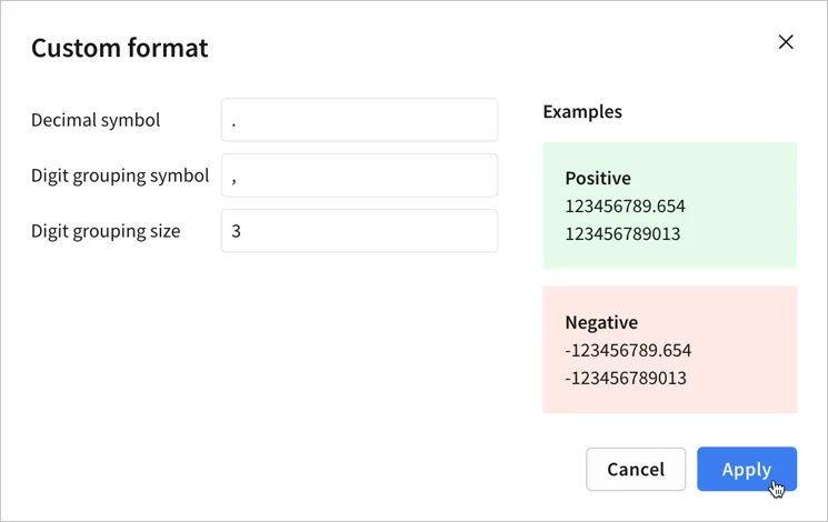 The Custom format modal with Decimal symbol set to a period, Digit grouping symbol set to a comma, and Digit grouping size set to 3, with example previews showing positive and negative formatted numbers