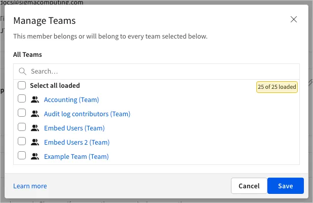 The Manage Teams dialog listing teams under All Teams, including Accounting, Audit log contributors, Embed Users, Embed Users 2, and Example Team, with a Select all loaded checkbox and a 25 of 25 loaded label.