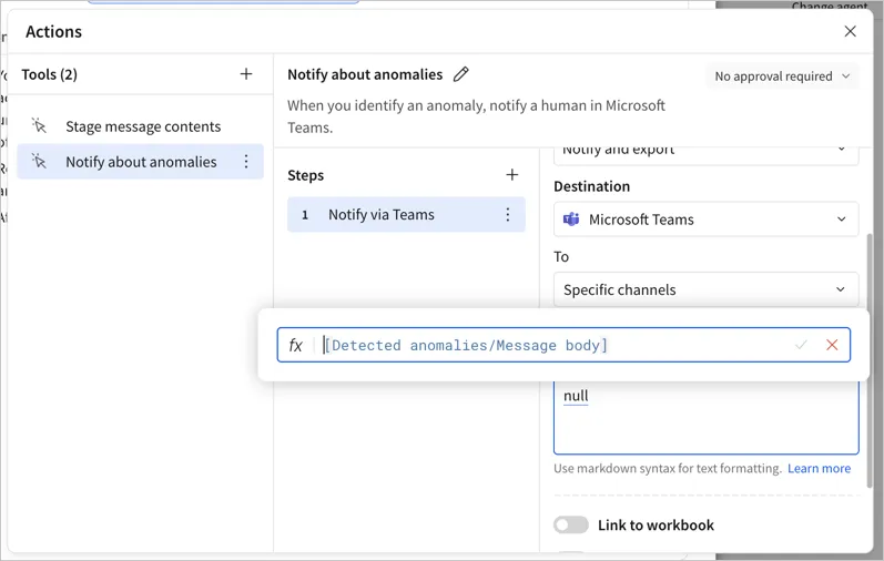 The Notify about anomalies action tool with a Notify via Teams step, Specific channels selected, and the formula bar showing [Detected anomalies/Message body] as the message.