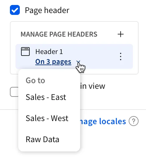 The manage header menu shows three pages assigned to the header.