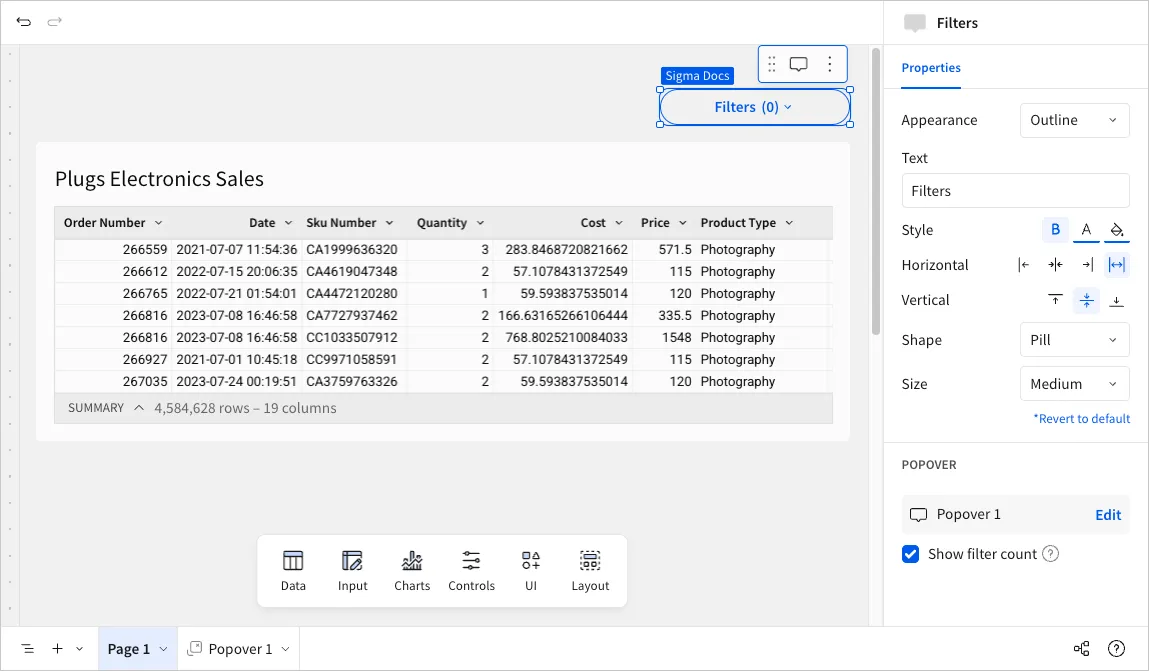A workbook page with a Filters trigger button selected, and the editor panel showing its button properties with Show filter count enabled.