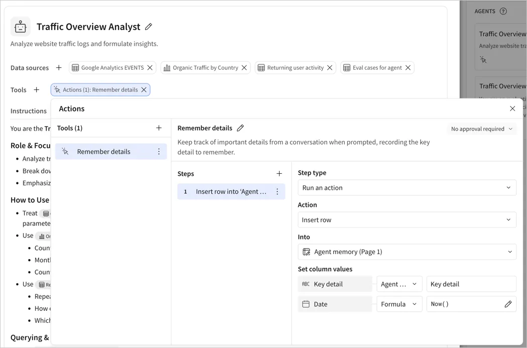 The Traffic Overview Analyst agent with the Actions dialog open on the Remember details tool, showing an Insert row step into Agent memory with the Key detail column set to Agent input and the Date column set to Formula Now().