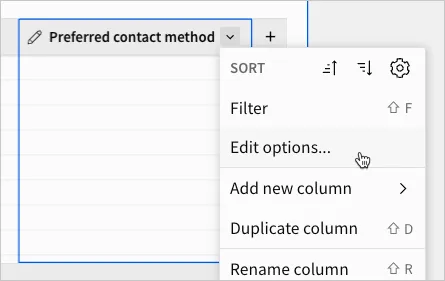 Image showing the single-select or multi-select column menu with the cursor hovering over Edit options.
