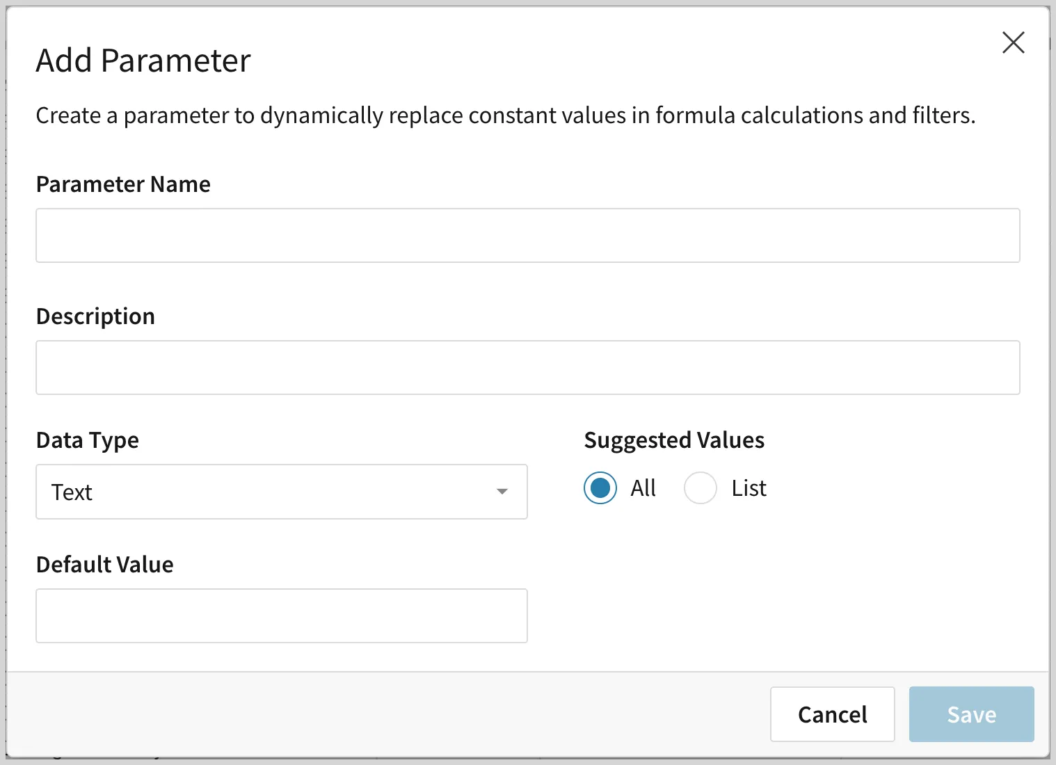 Add parameter modal with options described in surrounding steps.