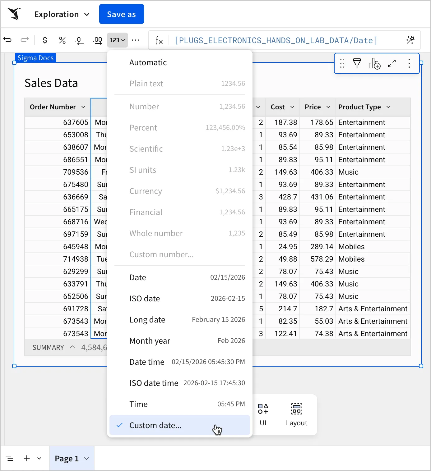 The Format menu in the workbook toolbar, with the mouse hovering over the Custom date option.
