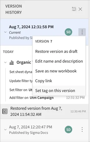 Version history with the More menu open on the current published version, showing options including Set tag on this version.