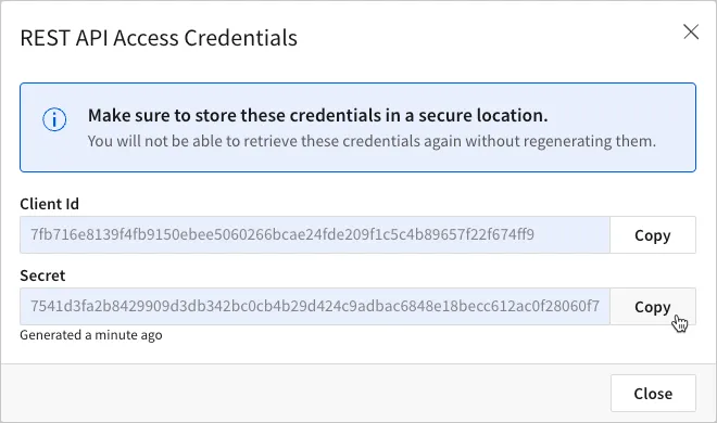 The REST API Access Credentials dialog with a notice to store the credentials securely, a revoked client ID, and a visible client secret. The client ID and secret fields each have a Copy button.