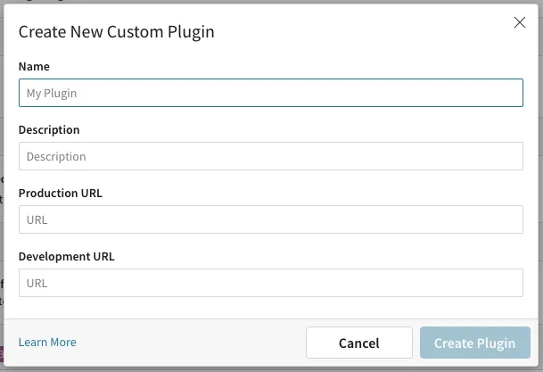 The Create New Custom Plugin dialog with empty Name, Description, Production URL, and Development URL fields.