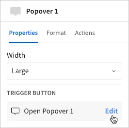 The editor panel Properties tab with the cursor hovering over Edit in the Trigger button section.