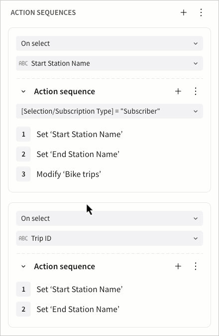 A user moves actions between sequences and reorders them within a sequence.
