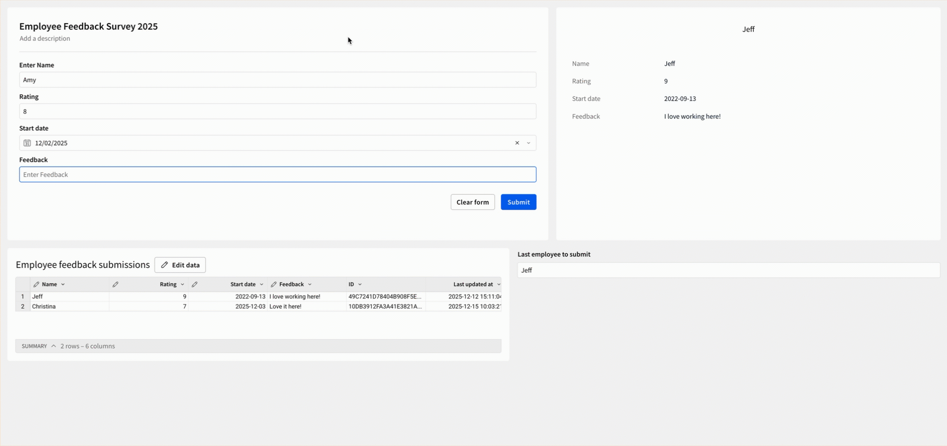 A user demonstrates entering information into a form and clicking submit. A new row appears in an input table, and a control and single row container update.