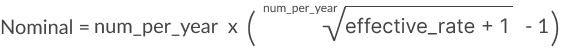 Equation showing the nominal interest rate calculation using the effective rate and number of compounding periods per year.